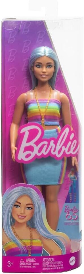 Barbie Fashionistas Doll with Long Blue Hair, Rainbow Top & Teal Skirt